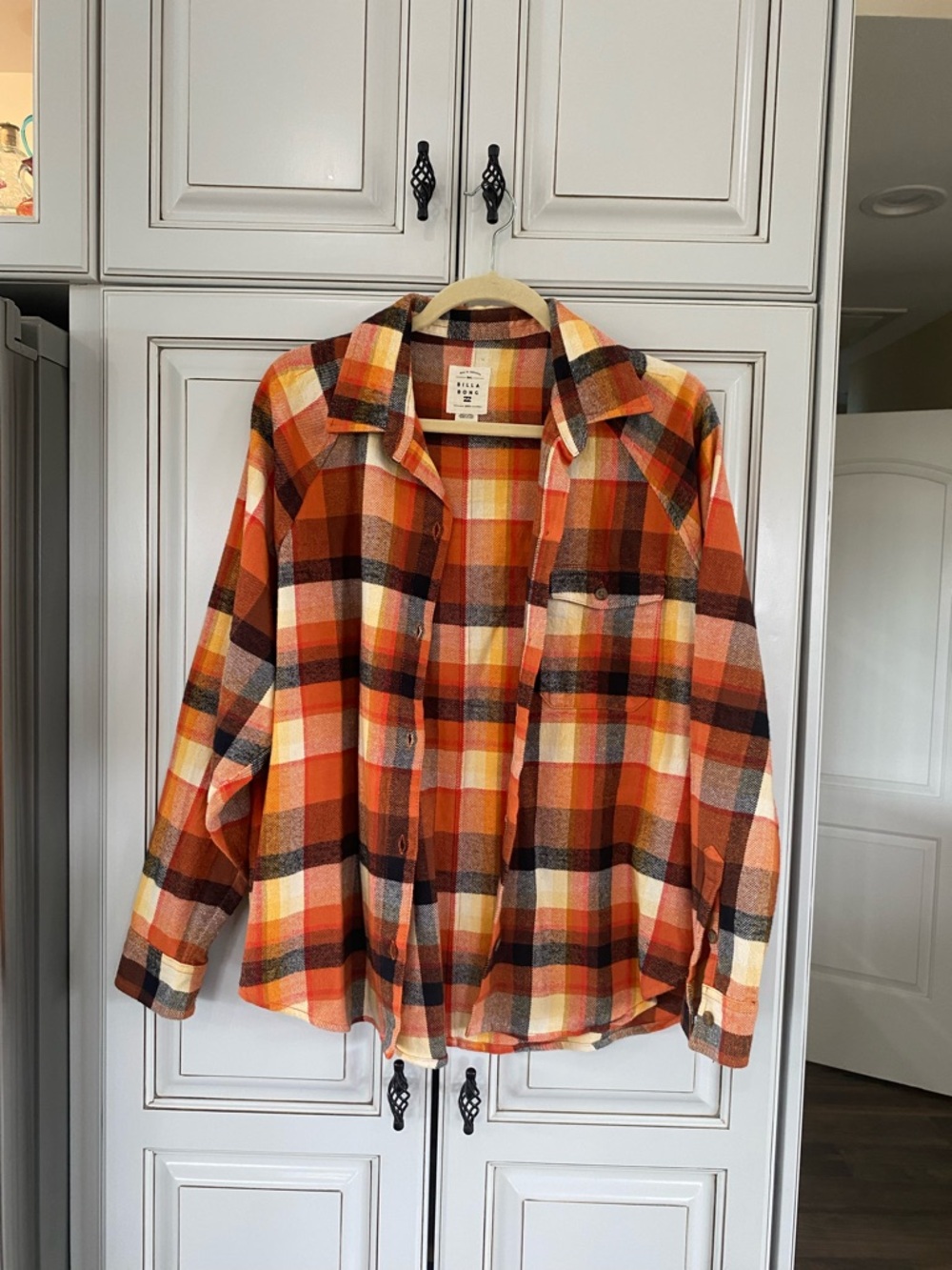 Womens Orange Plaid Button-Up Shirt Jacket